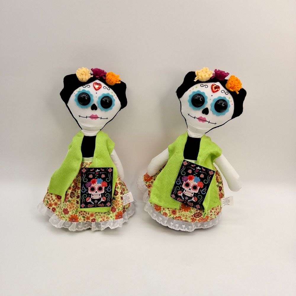 Set Of 2 Day Of The Dead Dia De Los Muertos Sugar Skulls 12" Table Decor Doll